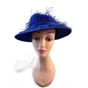 Vintage Shibui Wool Electric Blue with Feathers Wide Brim Fedora Hat Stunning
